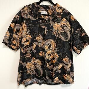 VTG Mens Hawaiian Aloha Camp Shirt 3XL Dragon All Over Print Asian Cotton